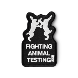 Iron-on patch is shaped around the fighting bunny logo and detailed in black with "Fighting Animal Testing" text in white.