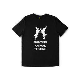 A black t-shirt with the white bunnies logo. The white print underneath reads: “Fighting Animal Testing” 