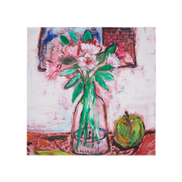 Flower, Fruit and Window. A square knot wrap depicting an artistic, smudged portrait-style image of a flower, apple and window. 