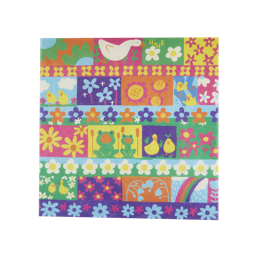 Fresh As A Daisy. A colourful, square lokta wrap with bold, bright patterns of pretty flowers, chickens, chicks, eggs and frogs. 