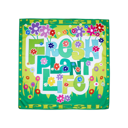 Fresh Plant Life. A vibrant, green knot wrap with lots of colourful flowers and the words "Fresh Plant Life" in the centre.