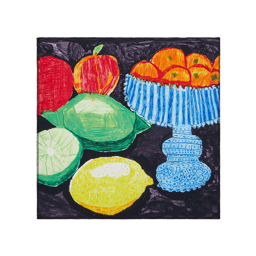 Fruit Fest. A square knot wrap with a dark black background. Contrasting, brightly coloured fruits like oranges and limes are drawn on top. 