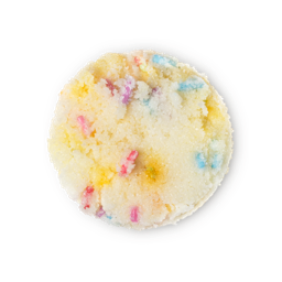 Funfetti Cake, a circular swatch of light creamy coloured lip scrub, with multicoloured sprinkles dotted within. 