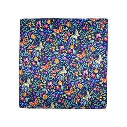 Garden Party Knot Wrap, inspired by english countryside, butterflies, dragonflies, flowers and leaves on a dark blue background.