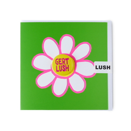 Gert Lush. A green, square card with a large white, daisy flower. The centre of the flower is a yellow badge saying "Gert Lush".