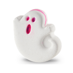 Ghostie bath bomb. A bright, white ghost-shaped bath bomb with hints of pink around the edge and a pink shocked face.