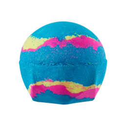 Giant Intergalactic. A bigger version of the round, vibrant blue bath bomb, with pink and neon yellow swirls.
