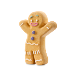 Gingy. A fun, colourful bubble bar shaped like the iconic gingerbread character with the arms up in the air. Complete with frosting-mended legs and gumdrop buttons. 