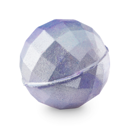 Glitter Bomb bath bomb. A shimmering, metallic purple bath bomb in the shape of a disco ball. 