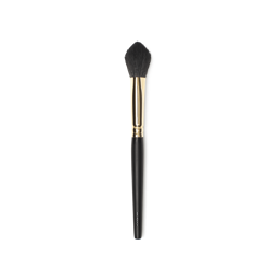 Glow To Town Brush. A flame shaped, blending/powder brush. Tapered, fluffy brown bristles. A gold and dark wooden handle.