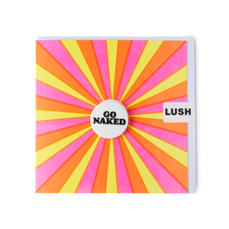 Go Naked. A sunbeam-style card shows pink, orange and yellow rays. A white badge saying "Go Naked" is in the centre.