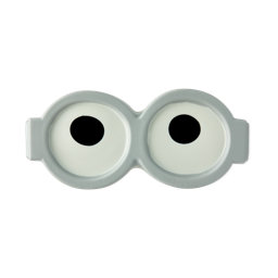 Goggles. A singular-shaped eye pad that looks like a large pair of googly eyes with thick round grey glasses frames. 