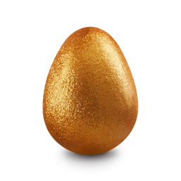 Golden Egg. A perfectly egg-shaped bath bomb covered in thick, lustrous golden glitter shimmering under the light. 