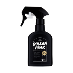 Golden Pear. The classic, black LUSH body spray bottle with a simple LUSH front sticker with "Golden Pear" printed.