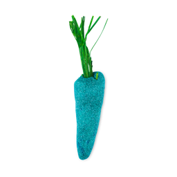 Baby Rainbow Carrot. A bubble bar shaped like a perfect teal green carrot complete with green raffia leaves on top. 