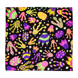 Hairy Monster Feet Knot Wrap. A black background covered in colourful, stripy and spotty monster feet and sparkles.
