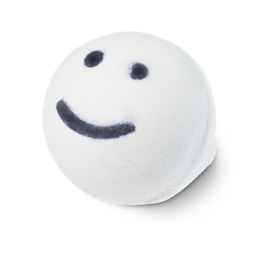 Happy Face, a white, circular-shaped bath bomb with two black dots for eyes and a black smile line.