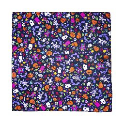 Happy Halloween Knot Wrap, a scattering of pumpkins, mummies, bats and ghosts on a dark purple background.