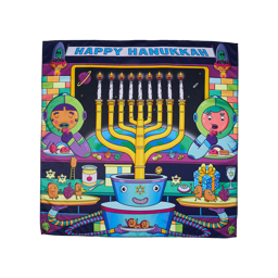 Happy Hanukkah. A colourful, square knot wrap depicting two astronauts celebrating Hanukkah in space, complete with Menorah. 