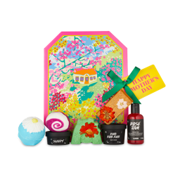 Happy Mother's Day. A bright, floral-cottage-themed gift box surrounded by 7 Lush products. 