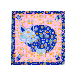 Hello Kitty Cat. This knot wrap shows a blue border and a sleeping cat on a pink background, all made up of tiny flora. 