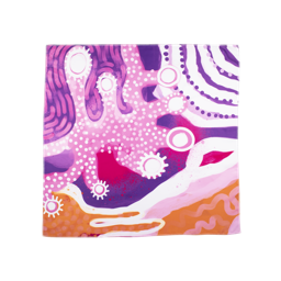 Hope Knot Wrap, broad sweeps of pinks, purples and oranges, designed by aboriginal Goreng Goreng artist Rachael Sarra.