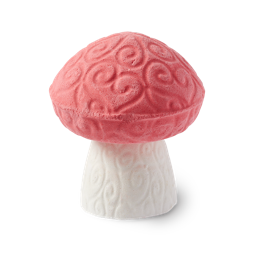Human-Human Fruit. A mushroom-shaped, red and white bath bomb with swirls. Based on the devil fruit from One Piece.
