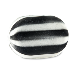 Humbug. A Christmas-themed, Lush bath bomb designed to look like a large, Christmas, boiled sweet. It is a compressed oval shape with black and white horizontal stripes. 