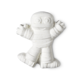 I Want My Mummy bath bomb, a white mummy with its arms out, 2 eyes peeking out from behind bandages.
