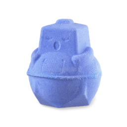 Sleepy Bot. The bottom of a classic LUSH bath bomb with an added pressed robot head on top. The entire bath bomb is a lavender purple complete with embossed sleeping face. 