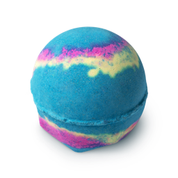 Intergalactic. A round, vibrant blue bath bomb, with pink and neon yellow swirls.