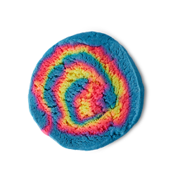 Intergalactic. A round bubble bar with a main blue colour swirled in a multicoloured rainbow spiral. 