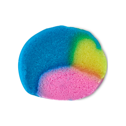 Intergalactic. A neat, round swatch of thick, textured body scrub. The exfoliating sugar granules are visible and it is coloured with blue, pink and yellow sections. 