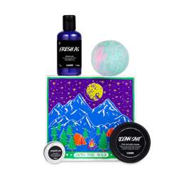 Into The Wild Gift, a box lid with a mountain and moon scene is surrounded by four Lush products.