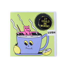 It Could Be Worse. A pale green card shows a pink rat relaxing in a cup of tea with lemons. The black badge sits in the corner. 
