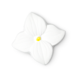 Jasmine. A pure white bath bomb in the shape of a flower, with 4 equal petals and a yellow tapioca pearl in the centre. 