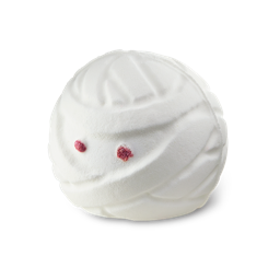 Jason's Mummy. A spherical, white bath bomb embossed to look like a wrapped mummy head with piercing red eyes.