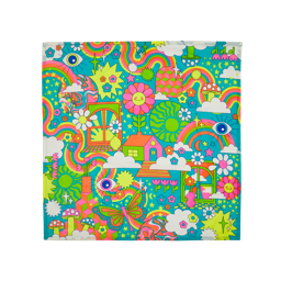 Joyous Springtime. A square knot wrap inspired by a colourful, flower-power-era design featuring lots of flowers, swirls, rainbows, mushrooms and clouds. 