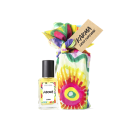 Pansy. A perfume bottle, wrapped in a colourful, floral painted knot wrap, complete with a brown gift tag. 