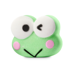 Kerokerokeroppi. A light green bath bomb shaped like a winking frog character with pink cheeks and large white eyes.