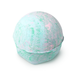 Lakes. A round bath bomb, delicately coloured baby blue and flecked with pastel green and baby pink.