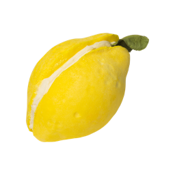 Lemon Crumble Bubble Bar. Shaped like a lemon with a white cream filling and leaf at the top.