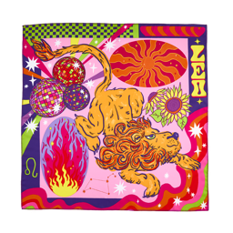 Leo. A square knot wrap with brightly coloured, busy illustrations on a vibrant background. There is a border of bright patterns with central images depicting a large lion, big flames, disco balls, a sun and flowers. 