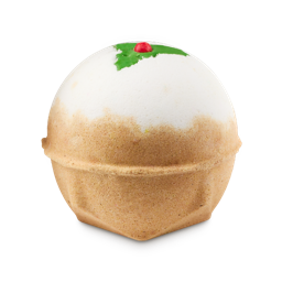 Li'l Lush Pud. A festive-themed bath bomb in the classic bath bomb shape. The bottom is light brown, while the top is white with the classic green holly and red berry centre topping, resembling a Christmas pudding.