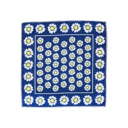 Little Daisies Knot Wrap, yellow and white daisies strewn across a blue background and light blue polkadots on this square wrap.
