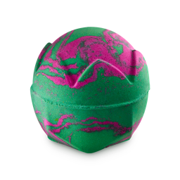 Lord of Misrule. A vibrant, neon green bath bomb with bright, hot pink swirls and a subtle crown-style pattern embossed across.