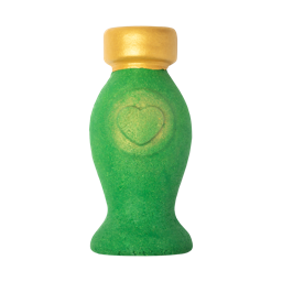 Love Perfume Bubble Bottle. Shaped like a perfume bottle, green in colour with a golden top and a heart on the front.