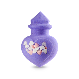 Love Potion. A heart-shaped potion bottle bath bomb. It is purple with white and pink confetti hearts in the middle.