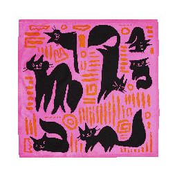 Lucky Black Cats Knot Wrap, a scattering of black cats on a pink background with orange patterns.