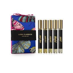 Lush Classics. A butterfly print fabric wrapped, rectangular perfume box gift, finished with pink ribbon and a black sleeve.